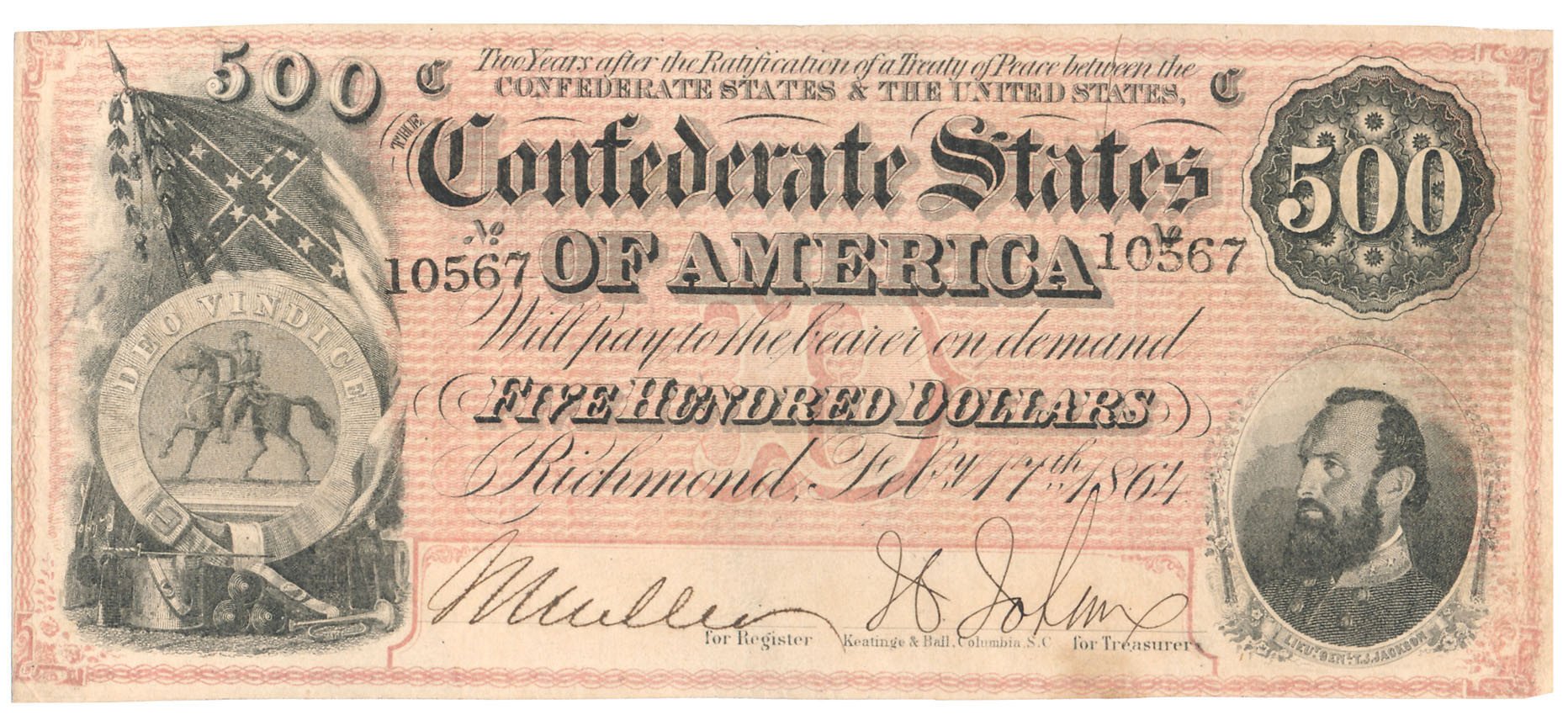 Banknot. USA Konfederacja. 500 dolarów 1864, Richmond